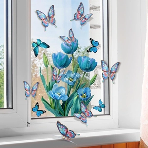 Stickers muraux tulipes bleues avec papillons 3D pour décoration de fenêtre maison