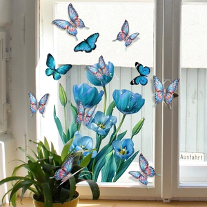 Autocollants Muraux Tulipe Bleue Et Papillons 3D En PVC Imperméable Décoratifs Pour Salon Chambre À Coucher