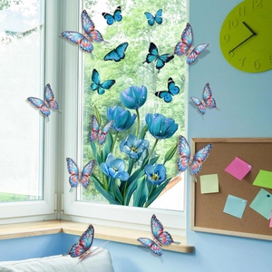 Stickers de fenêtre tulipes bleues avec papillons 3D pour la décoration intérieure