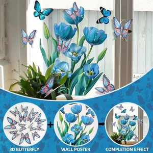 Stickers de fenêtre tulipes bleues avec papillons 3D colorés pour décoration murale