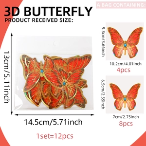 3D butterfly wall sticker set with 12 pieces in red and gold for home wall decoration