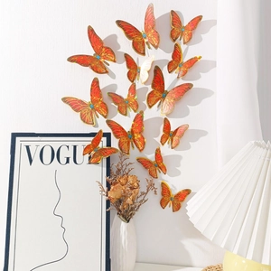 3D Butterfly Wall Stickers Decor PVC Plastic Blue Faux Rhinestones Double Layer Wings Gold Edge Holographic Texture