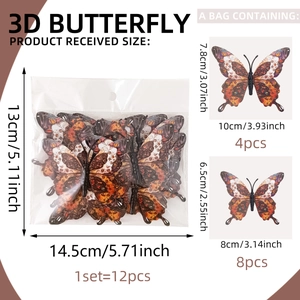 3D textured brown butterfly wall stickers set of 12 with 8cm and 10cm size dimensions