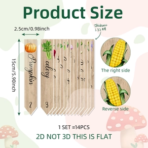 Set of 14 plastic garden vegetable markers with wood grain print and English labels