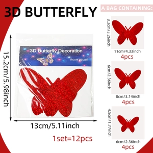 Dimensiones de los 12 adhesivos de pared de mariposas 3D rojas con purpurina en 3 tamaños