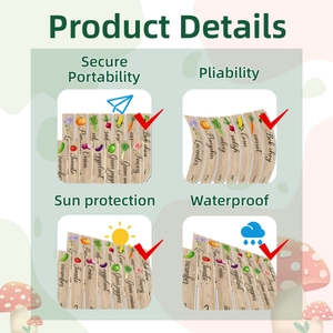 Waterproof PVC garden plant labels showing wood texture and various vegetable icons