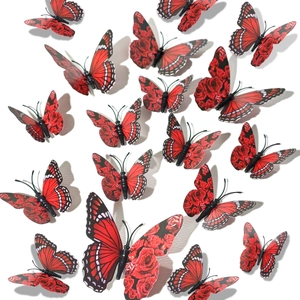 Detail of red 3D butterfly wall stickers with realistic rose patterns and shadow effects