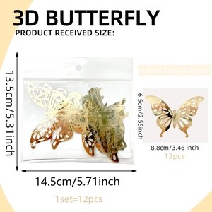 3D metallic gold hollow butterfly wall stickers set with 12 pieces and size specifications