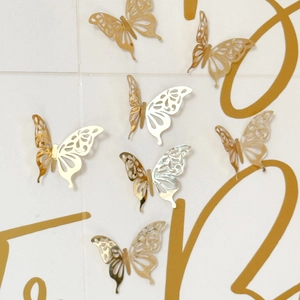 3D golden mirror hollow butterfly wall stickers with intricate metallic filigree patterns