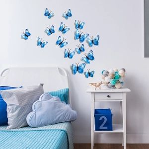 Set of 12 3D blue butterfly wall stickers with realistic textures for home decoration