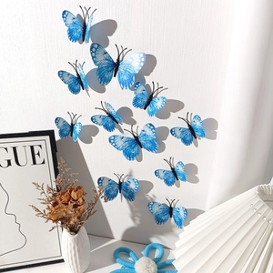 Set of 12 3D blue and white snowflake texture butterfly wall decals for home decoration