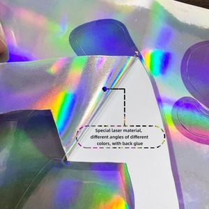 Makroaufnahme des Laser-Gradienten-Aufklebers mit Regenbogeneffekt und Kleberückseite