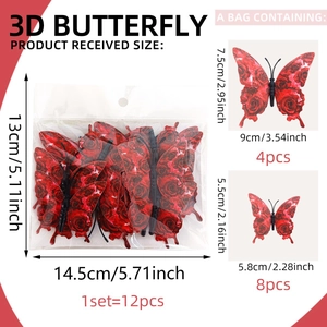 Set de 12 pegatinas de pared mariposa rosa roja 3D con especificaciones de tamaño