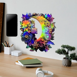 Laser moon goddess wall sticker with iridescent color changing gradient effect