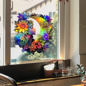 Iridescent window decal featuring a moon goddess and floral design with rainbow light effects
