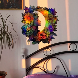 Laser gradient moon goddess wall sticker with colorful floral art in a cozy bedroom