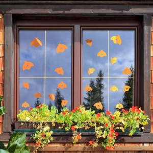 Detail view of vibrant orange butterfly wall stickers on window with plants and flowers