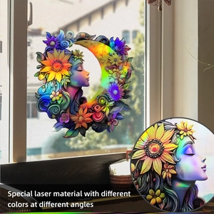 Detail of laser material window sticker showing moon and floral patterns at different angles