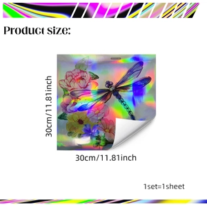 Adesivo murale olografico 30cm con libellula e fiori ed effetto laser iridescente