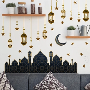 Detail showing gold Ramadan wall decals with crescent moon and mosque over a sofa