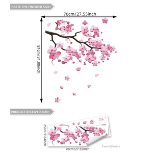 Pink cherry blossom branch wall decals set with flower petals for bedroom decoration