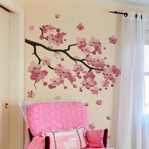 Pink cherry blossom wall sticker with black branches for living room home decor