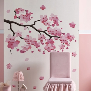 Pink cherry blossom branch wall decals for bedroom with artistic watercolor floral design