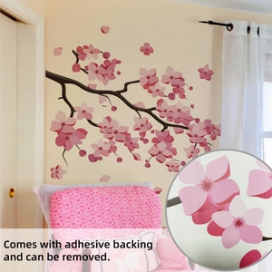 Detail of pink cherry blossom wall stickers with self-adhesive backing and removable design