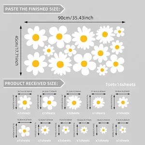 Set of 14 white daisy wall stickers with size details showing 90x45cm coverage