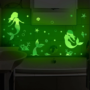 Stickers muraux sirène phosphorescents avec coquillages et étoiles pour salle de bain