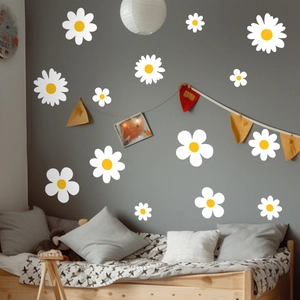 White daisy flower wall stickers on dark grey wall with minimalist bedroom decor