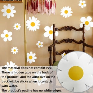Detail of white daisy wall stickers with water-activated adhesive and no white edges