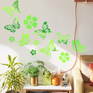 Luminous green butterfly and flower wall stickers set for bedroom glow in the dark decor