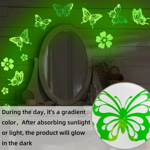 Luminous green butterfly and flower wall stickers showing gradient glow in the dark effect