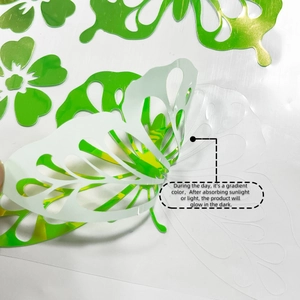 Macro detail of butterfly wall sticker showing daytime gradient and nighttime glow feature