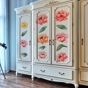 Pink watercolor peony floral wall stickers applied on classic white furniture wardrobe