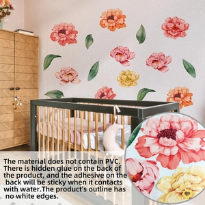 Detailed view of PVC-free pink peony wall decals with seamless edge-to-edge application