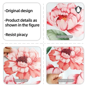 Macro view of waterproof pink peony wall decals showing front floral and reverse adhesive sides