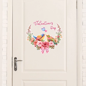 Valentine's Day floral wreath wall decal with pink birds and heart on white door