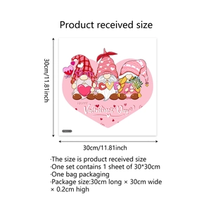 Detail of Valentine gnome wall decal with love hearts and 30x30cm size measurements