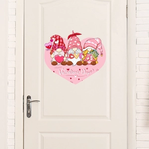 Valentine's Day heart-shaped wall sticker with pink gnomes and LOVE text on white door