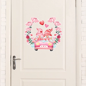 Valentine gnomes in truck wall decal with pink floral wreath and LOVE flag banner