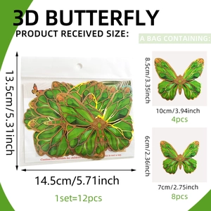 12-piece set of 3D emerald green butterfly wall stickers with golden trim in two sizes
