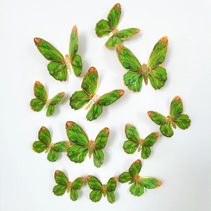 Set of 12 3D green butterfly wall stickers with gold edges for home living room decor
