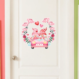 Detail of Valentine gnomes wall decal with love car on a white wooden door