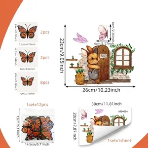Cartoon rabbit and 3D butterfly wall decals kit with detailed product dimensions guide