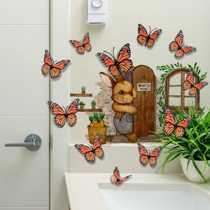 Cartoon rabbit home wall stickers with 3D butterflies for skirting and stairs decor