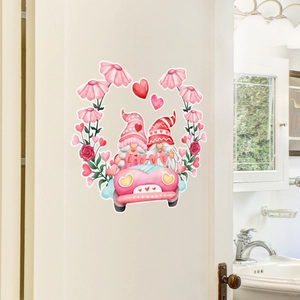 Detail of watercolor Valentine gnomes in a pink car wall decal on a white room wall