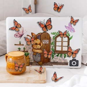 Cartoon rabbit home laptop sticker set with colorful 3D butterfly wall decals decorations