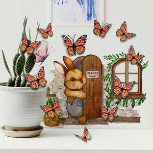 Cartoon rabbit door and 3D orange butterfly wall decals for nursery home decor